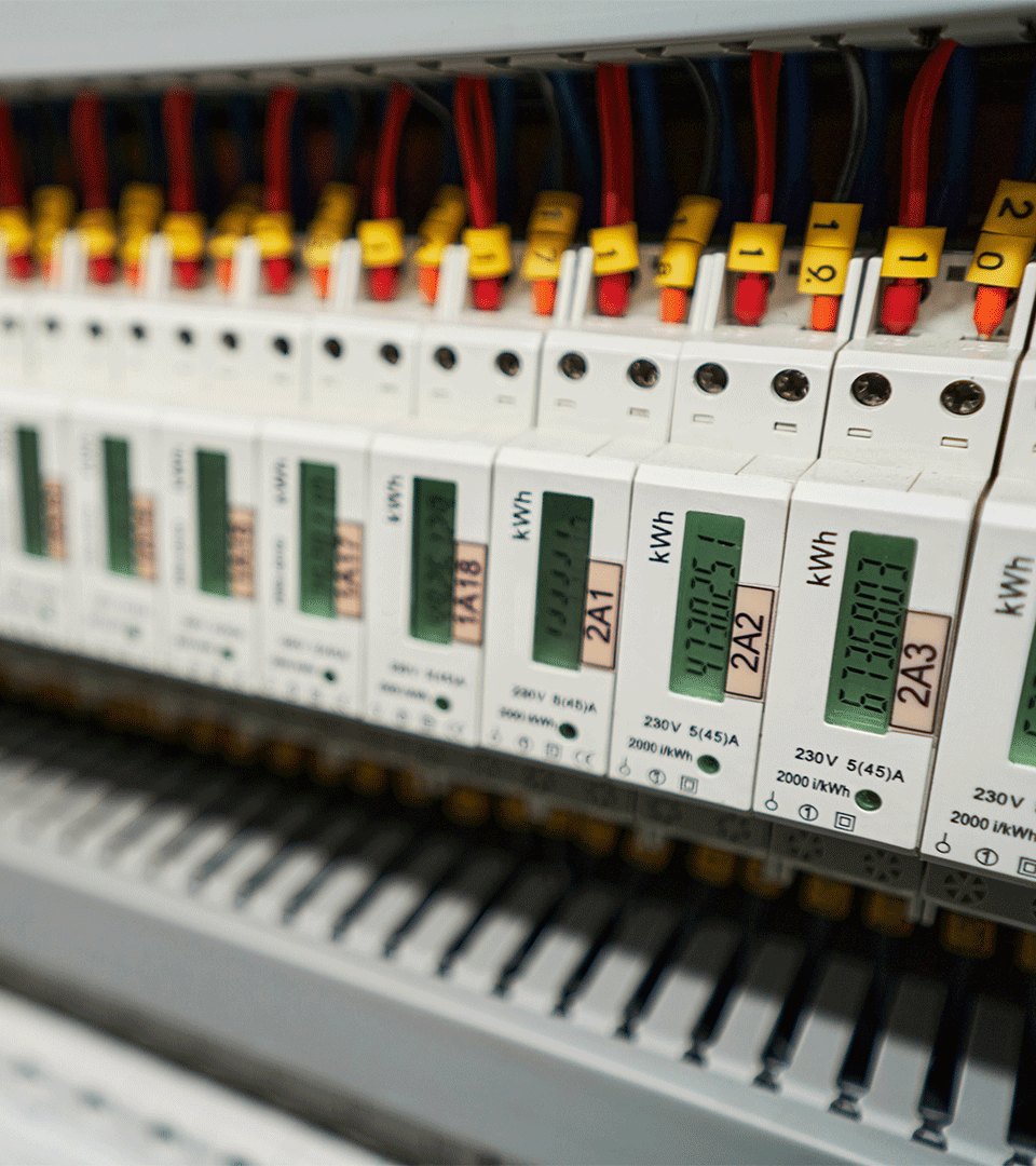 Medidores digitais e condutores identificados no interior de um quadro elétrico.